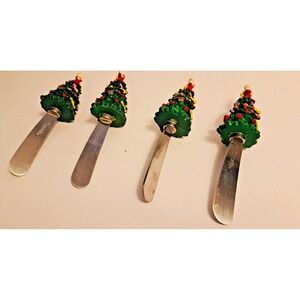Spode Christmas Tree Cheese Spreaders Set of 4 Santa Topper Stainless Steel